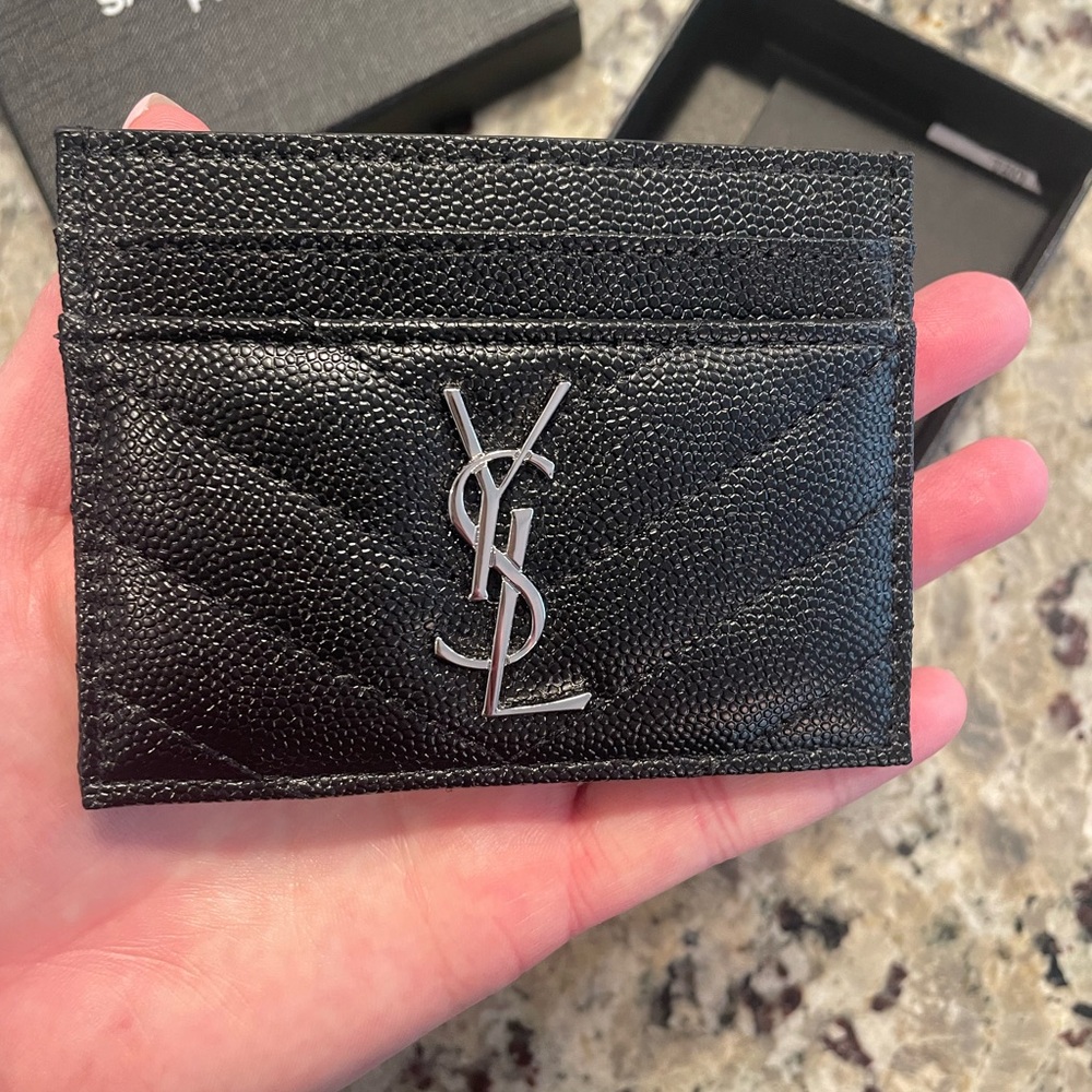 Saint Laurent Black Quilted Chevron Leather Card Case with Silver YSL Logo